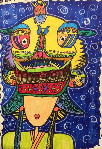 虎头帽少年创意画