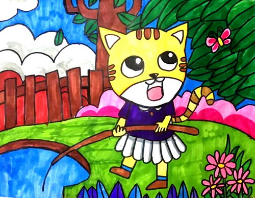 小猫钓鱼手绘画