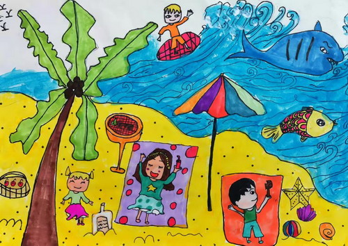 阳光沙滩海浪画画简单