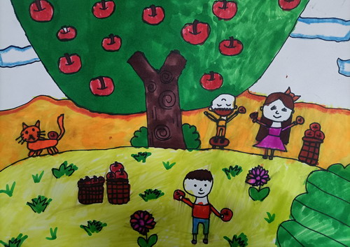 摘果子儿童绘画