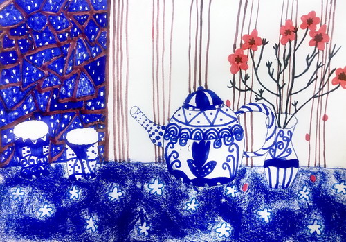 青花瓷组合手绘插画