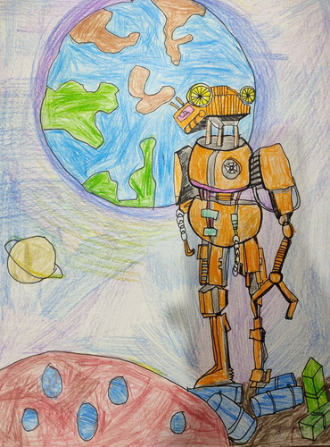 机器人遨游太空手绘画