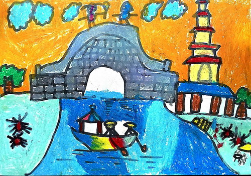 小桥流水手绘图片