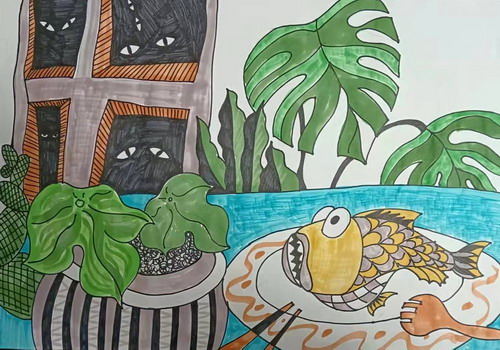 窗外有猫儿童画图片