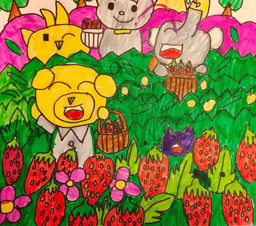草莓园里的小动物儿童画创意