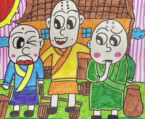 三个和尚挑水喝创意画