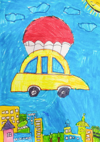 飞天小汽车儿童画一等奖