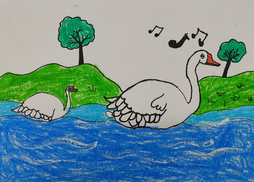 水面上的白鹅绘画作品