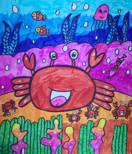 快乐的螃蟹一家手绘画图片