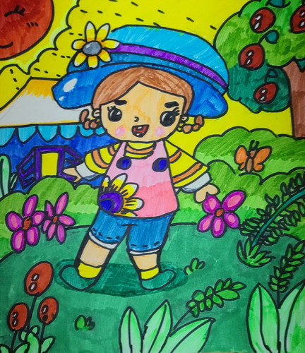 草丛中的小姑娘手绘画