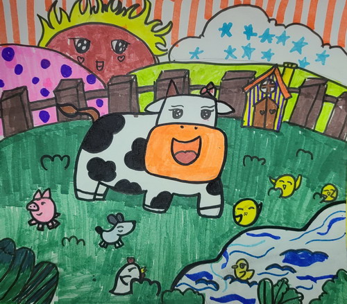 快乐的牛和它的伙伴创意画