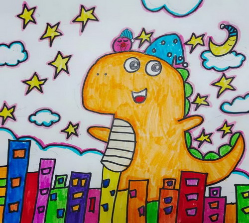 晚安，小恐龙创意画简单好看