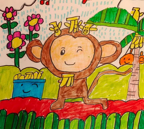 摘香蕉的小猴子绘画作品