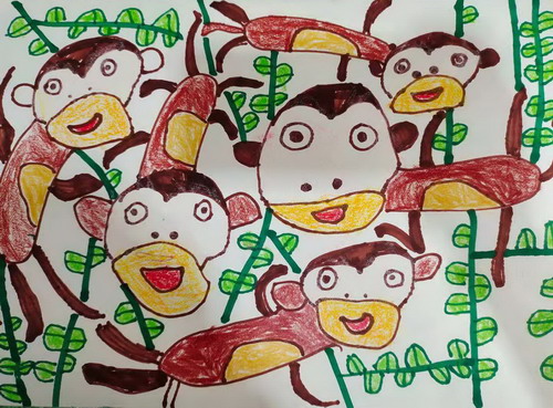 小猴的一家儿童绘画