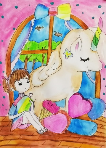 我和独角兽手绘画图片