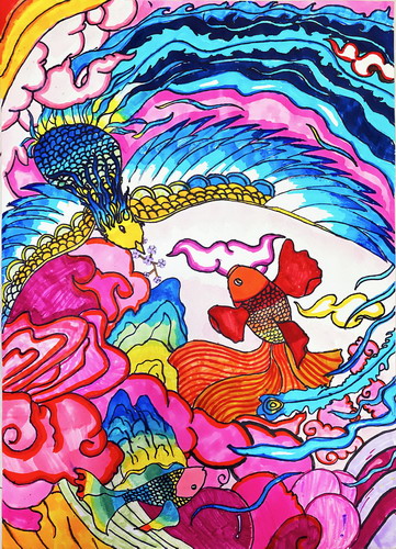 凤凰与金鱼绘画作品