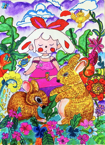 兔子女孩和可爱的小兔子手绘图片