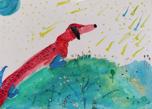 腊肠犬看流星儿童画图片