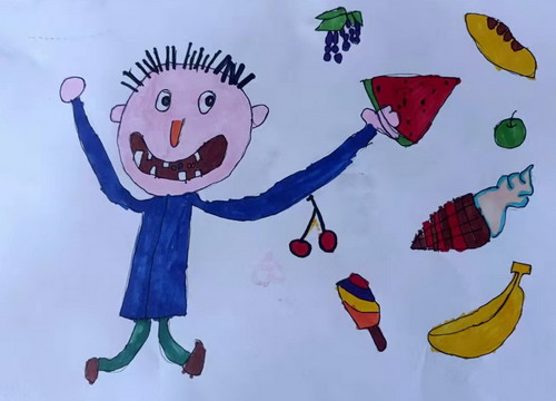 吃瓜的小男孩手绘画一等奖