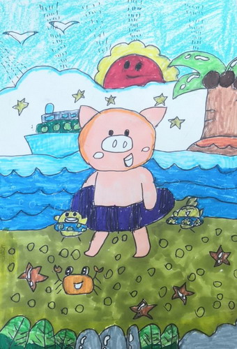 小猪游泳手绘图片