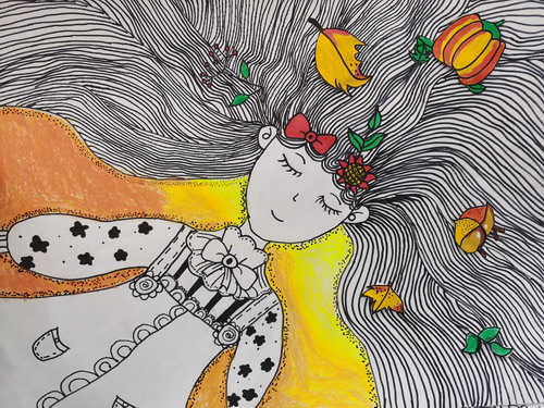 秋天的长头发儿童绘画