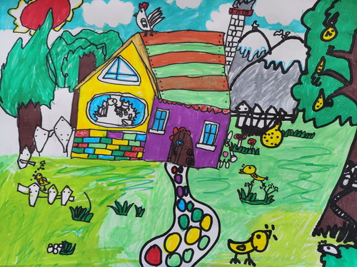 农家小院儿童绘画