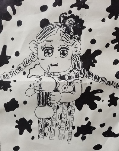 和奶茶的小姑娘画画作品