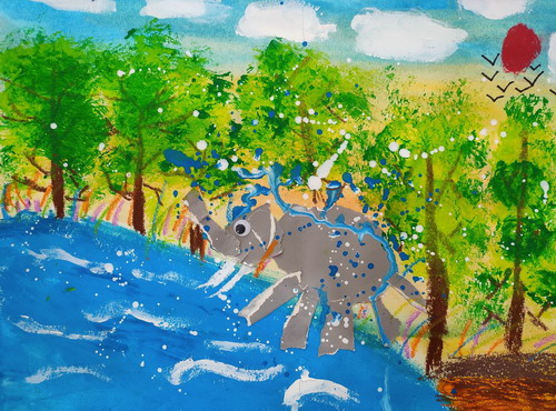 大象爱洗澡儿童画