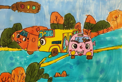 小汽车一起出动儿童绘画