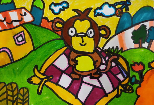 小猴子野餐儿童绘画