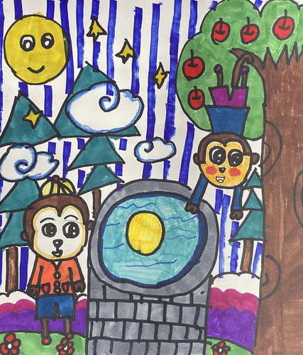 猴子捞月手绘画