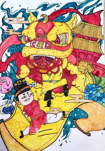 舞动雄狮儿童绘画