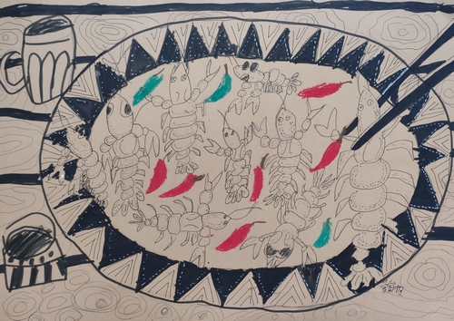 一盘龙虾手绘画图片