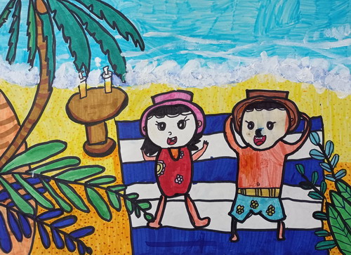 夏日沙滩画画作品