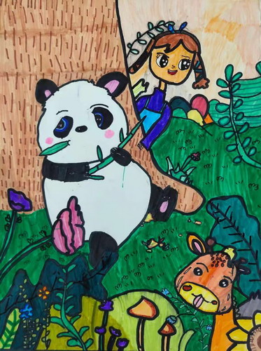 女孩与熊猫绘画