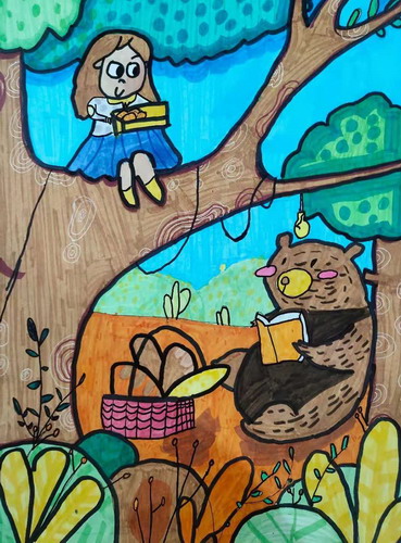 女孩与熊画简单好看