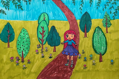 路上的小女孩儿童画创意