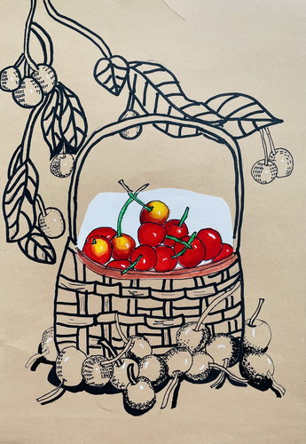竹篮里的樱桃画简单好看