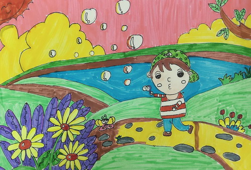 吹泡泡儿童绘画一等奖