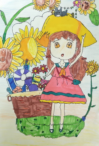 向日葵少女儿童画