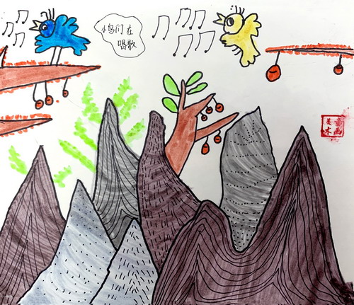 山林与鸟手绘画