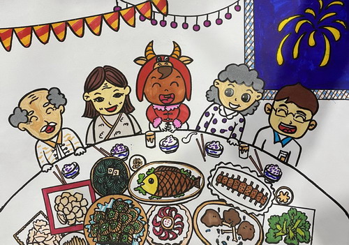 合家欢庆儿童绘画