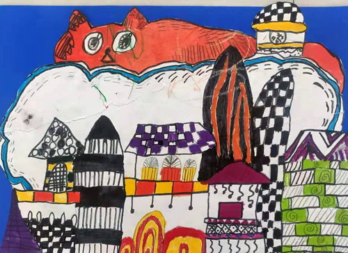 城堡上的猫手绘图片