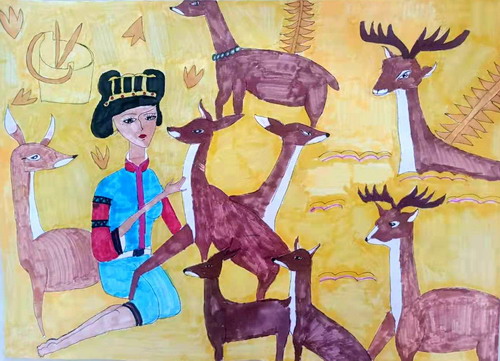 小鹿一家儿童绘画