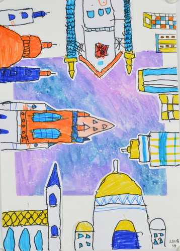 抬头看夜晚的城市儿童画获奖