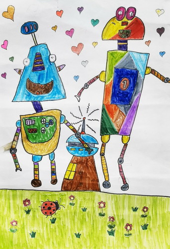 快乐的机器人儿童绘画一等奖