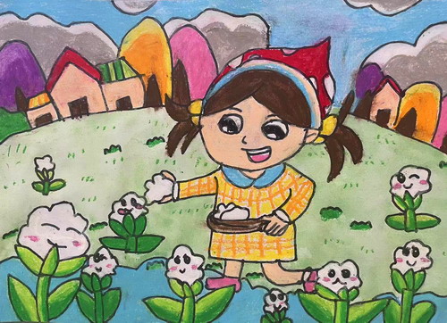 采棉花的小姑娘创意画简单好看