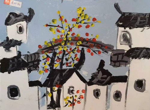 古镇的春天手绘图片