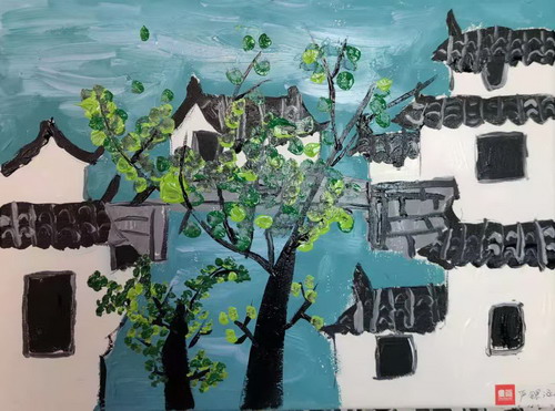 古镇的春天绘画一等奖