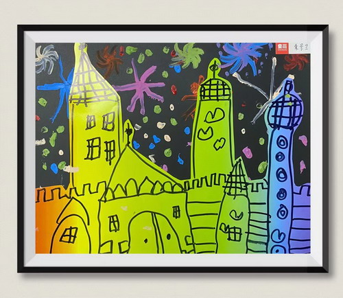 夜晚的城堡绘画作品